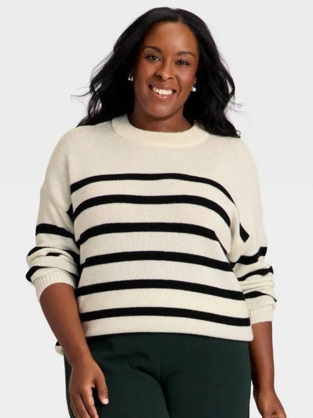 a new day Cream and Black Striped Crewneck Sweater